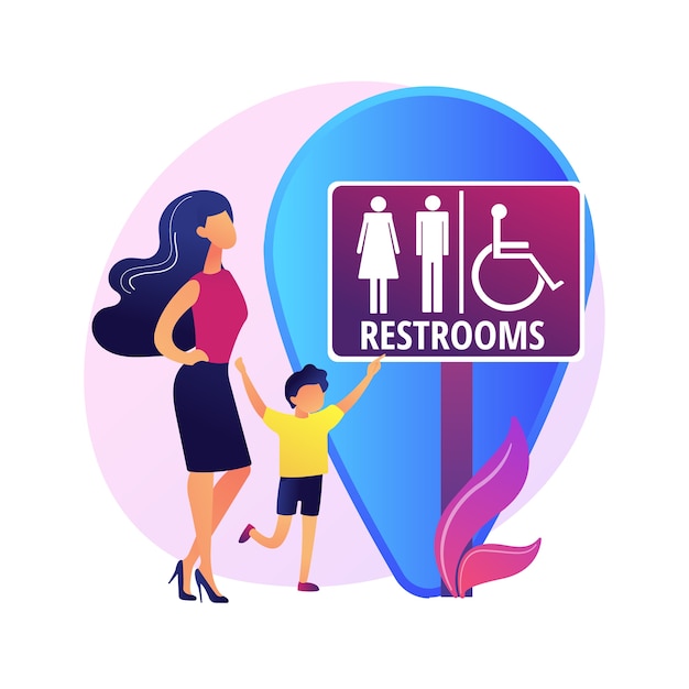Ubicación de baños públicos. Signo de aseo, baños masculinos y femeninos, WC y símbolo de geoetiqueta. Siluetas de caballero y dama en letrero de lavabo.