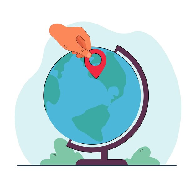 Ubicación de marcado manual en el globo con ilustración de vector plano pin. Persona que planea viaje, viaje o viaje. Concepto de transporte para banner, diseño de sitio web o página web de destino