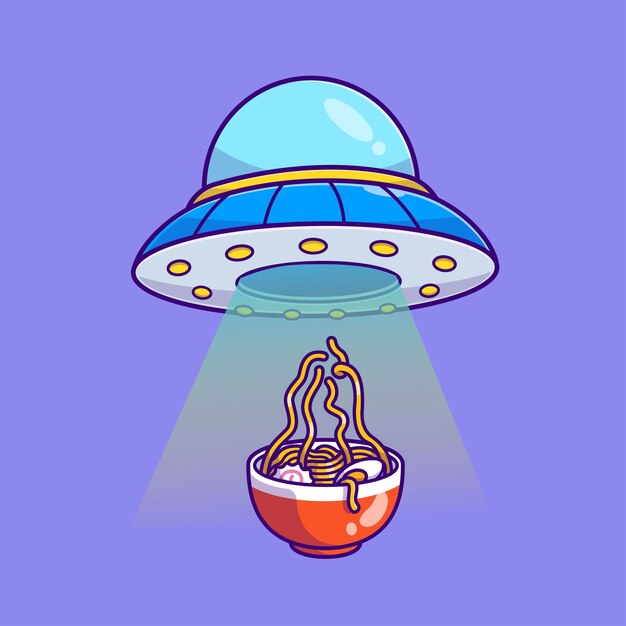 Ufo Catching Ramen Bowl Dibujos animados Vector Icono Ilustración Ciencia Comida Icono Concepto Aislado Premium