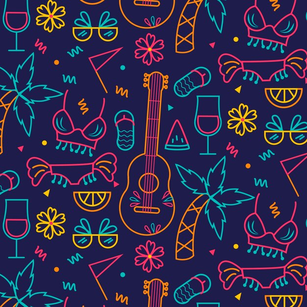 Ukelele guitarra y plantas sin fisuras patrón de carnaval