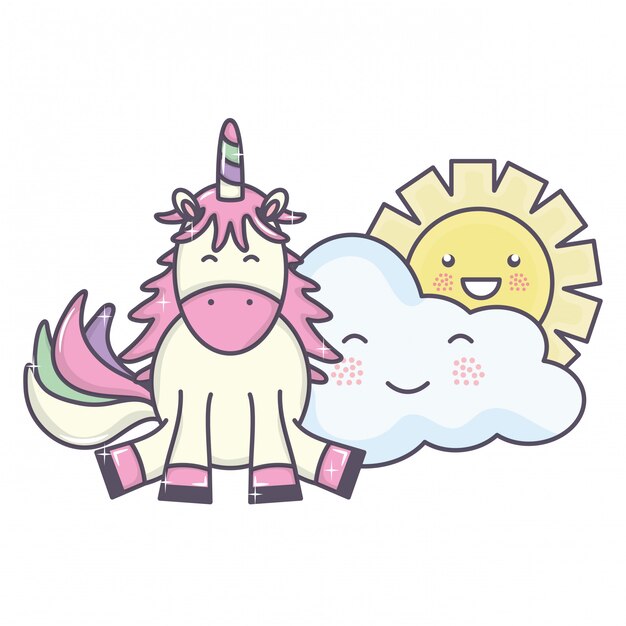 Unicornio adorable lindo y nubes y sol kawaii personajes