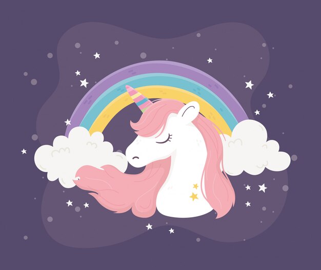 Unicornio Arcoiris Nubes Estrellas Fantasia Magia Sueno Lindo Dibujos Animados Fondo Oscuro Ilustracion Vector Premium