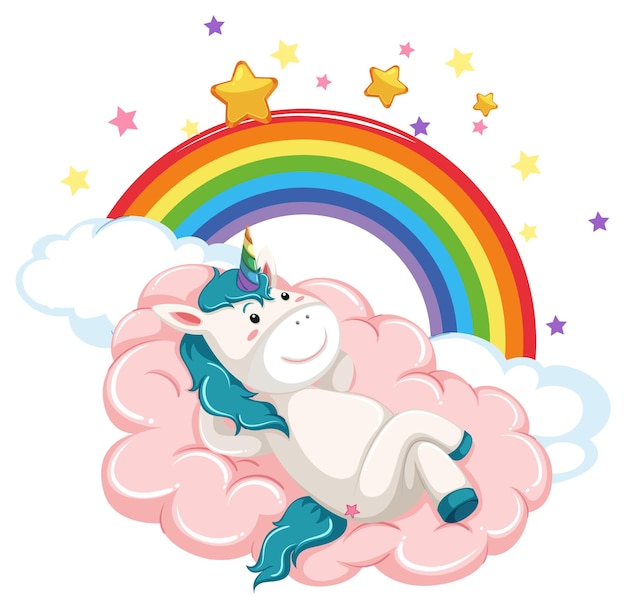 Vector gratuito unicornio azul acostado en una nube con arco iris