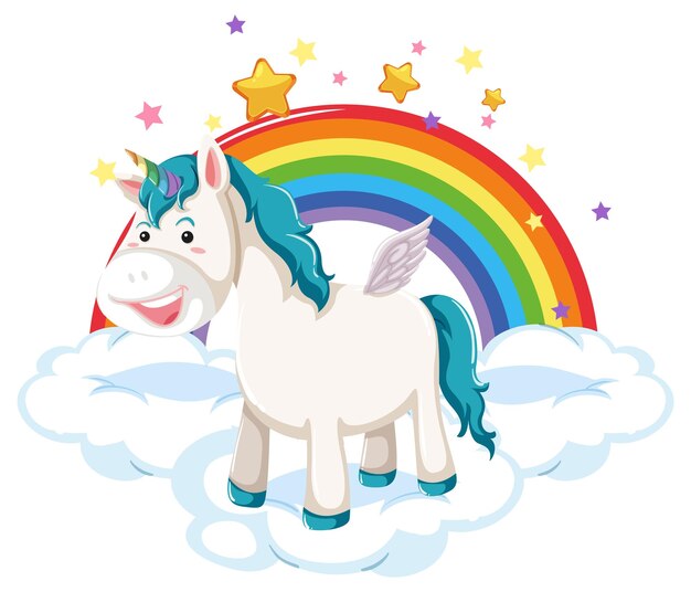 Unicornio azul de pie sobre una nube con arco iris
