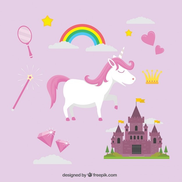 Vector gratuito unicornio blanco con elementos de cuentos de hadas