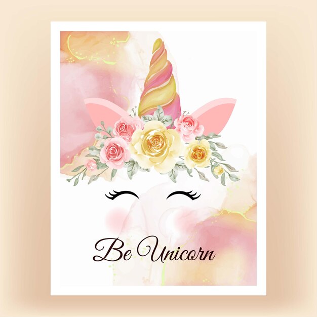Unicornio corona acuarela flor amarillo melocotón