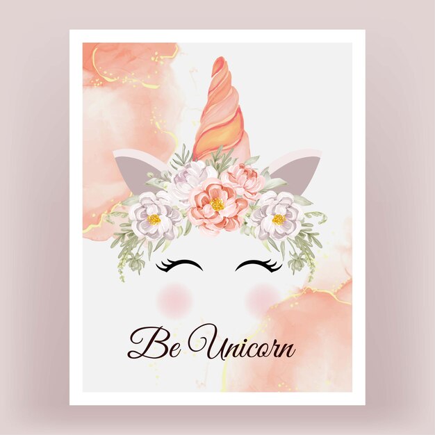 Unicornio corona acuarela flor melocotón blanco peonías