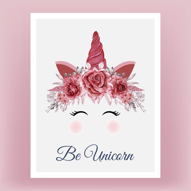 Unicornio corona acuarela flor rosa rojo borgoña Dibujado a mano ilustración