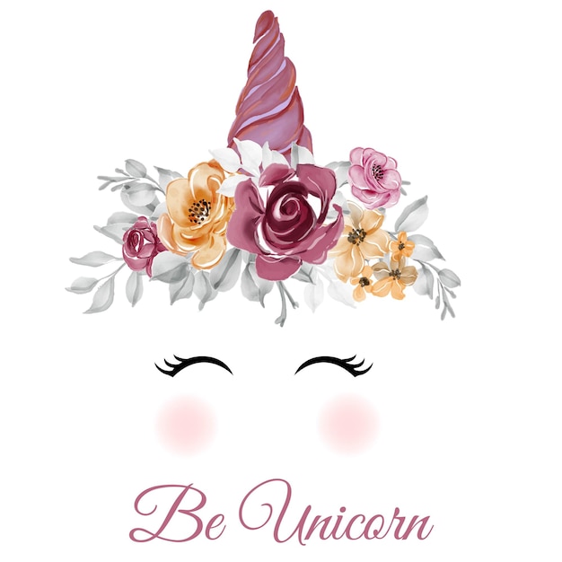 Unicornio corona acuarela flor rosa rosa naranja Dibujado a mano ilustración