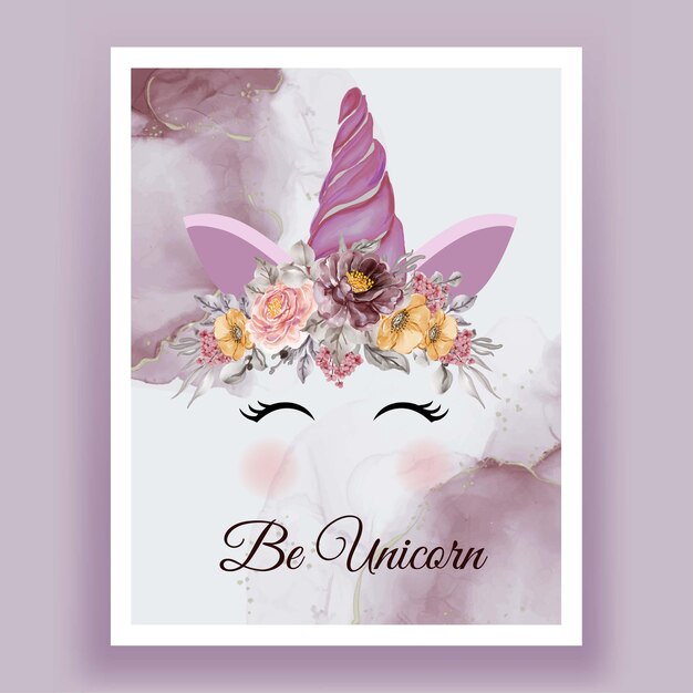 Unicornio corona acuarela flor rosa violeta