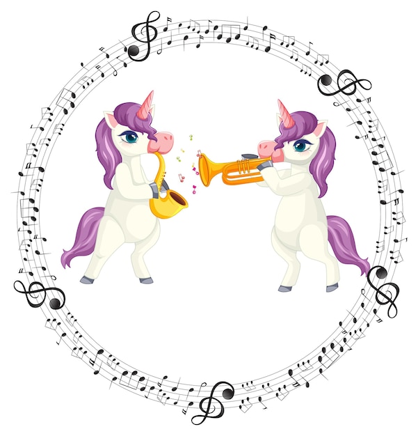 Unicornio de dibujos animados tocando la trompeta y el saxofón