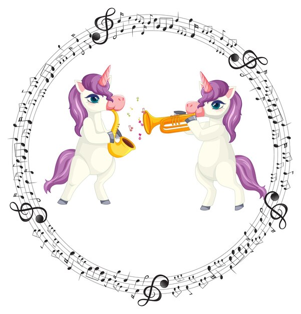 Unicornio de dibujos animados tocando la trompeta y el saxofón