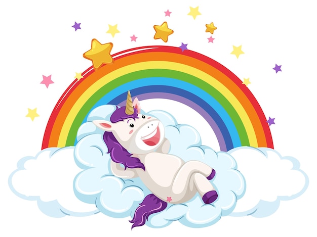 Vector gratuito unicornio feliz acostado en la nube con arco iris en estilo de dibujos animados