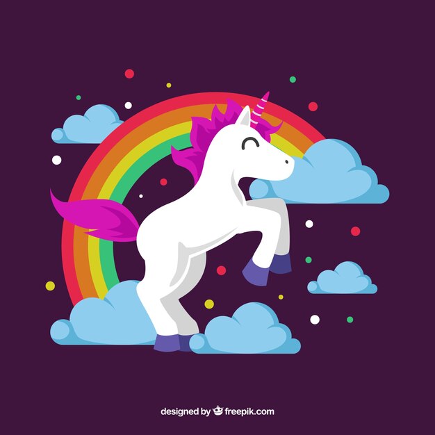 Unicornio feliz y arcoíris con diseño plano