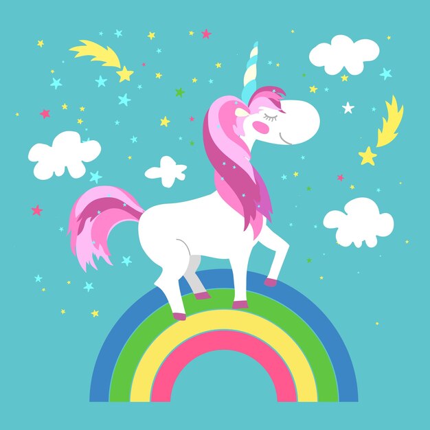 Unicornio de hadas con arco iris.