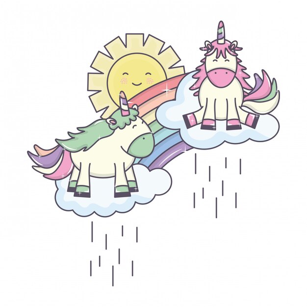 Unicornio lindo en el arco iris con nubes de lluvia y sol kawaii