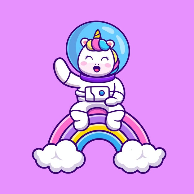 Unicornio lindo astronauta sentado en dibujos animados de arco iris