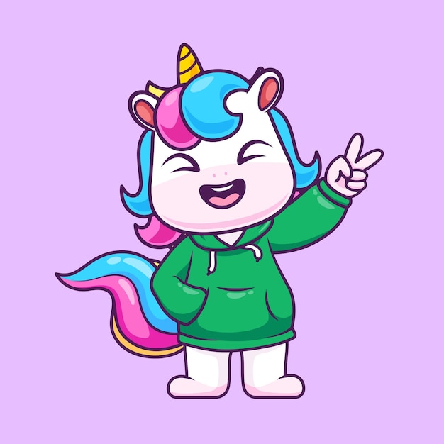 Unicornio lindo con chaqueta con capucha icono vectorial de dibujos animados ilustración icono de moda animal aislado