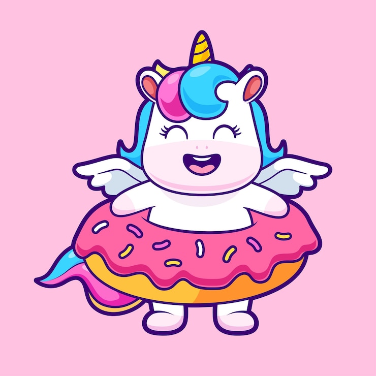 Vector gratuito unicornio lindo con donut icono vectorial de dibujos animados ilustración icono de comida para animales vector plano aislado