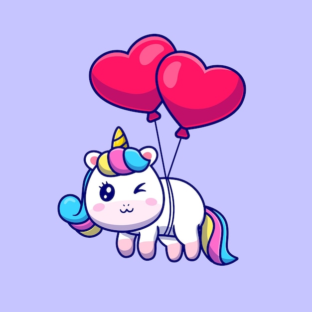 Unicornio lindo flotando con ilustración de globo de amor