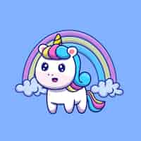 Vector gratuito unicornio lindo con ilustración de dibujos animados de arco iris