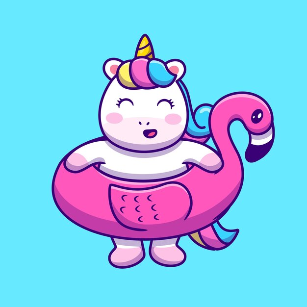 Unicornio lindo con ilustración de icono de dibujos animados de neumáticos Flamingo.