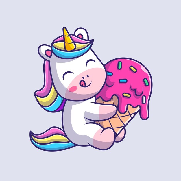 Unicornio lindo con ilustración de icono de vector de dibujos animados de cono de helado. Icono de alimento animal plano aislado