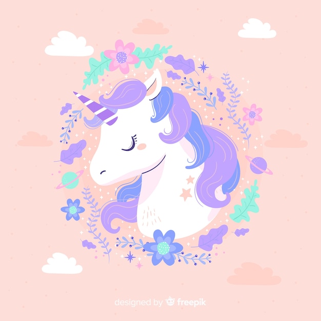 Vector gratuito unicornio lindo con marco de color pastel