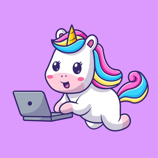 Unicornio lindo que trabaja en la ilustración del icono del vector de la historieta del ordenador portátil. Icono de tecnología animal aislado