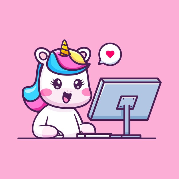 Unicornio lindo trabajando en la computadora dibujos animados icono vectorial ilustración tecnología animal aislado plano