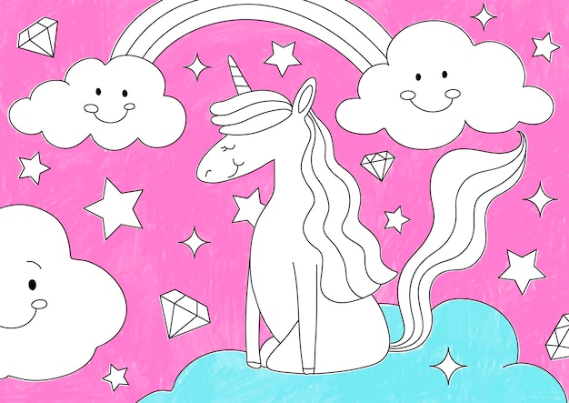 Vector gratuito unicornio mágico, fondo rosa, niños editables para colorear vector de página