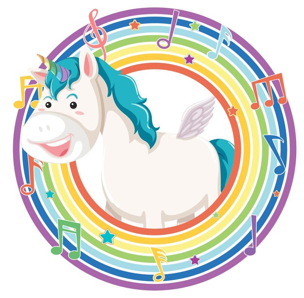 Unicornio en marco redondo arco iris con símbolo de melodía