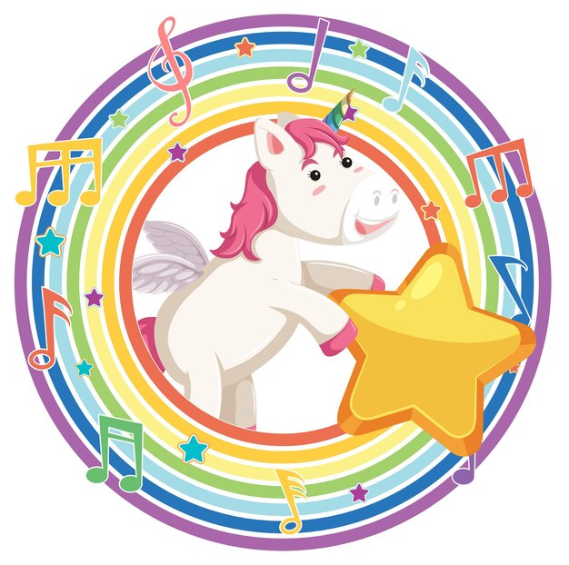 Unicornio en marco redondo arco iris con símbolo de melodía