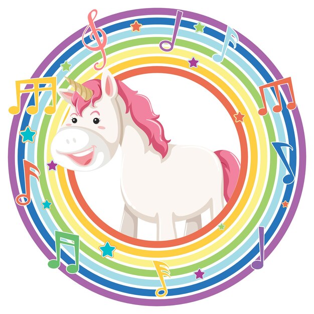 Unicornio en marco redondo arco iris con símbolo de melodía