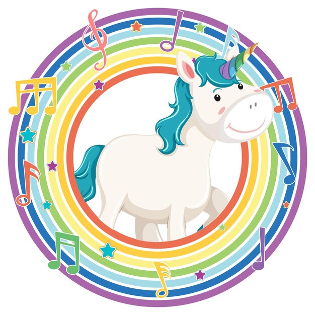 Unicornio en marco redondo arco iris con símbolo de melodía