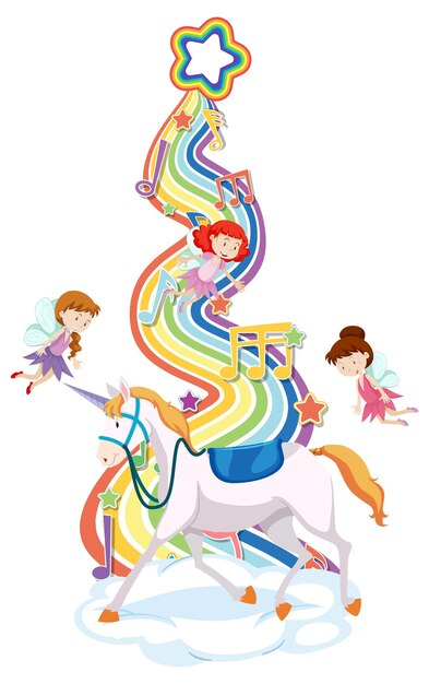 Unicornio y muchas hadas en la nube con arcoiris.