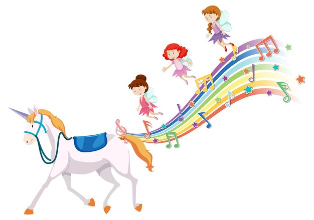 Unicornio y muchas hadas en la nube con arcoiris.