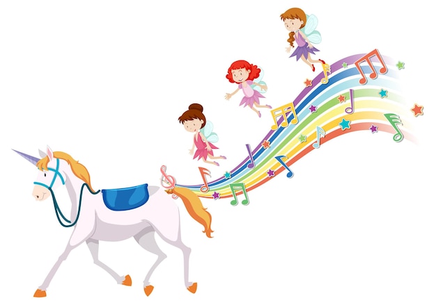 Unicornio y muchas hadas en la nube con arcoiris.