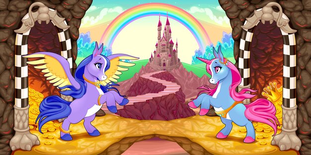 Unicornio y Pegaso cerca del tesoro. Ilustración de dibujos animados de vector