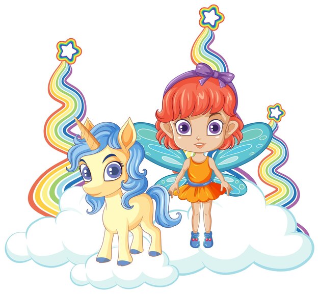 Unicornio con personaje de dibujos animados de niña hada