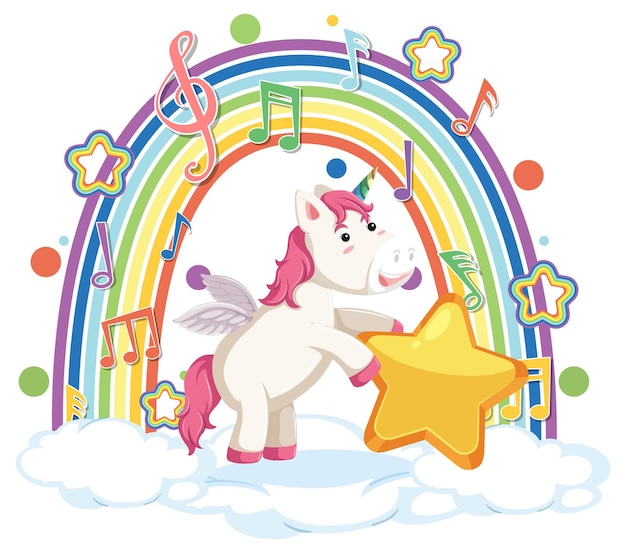 Unicornio de pie en la nube con arco iris y símbolo de melodía