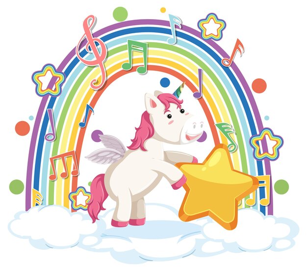 Unicornio de pie en la nube con arco iris y símbolo de melodía