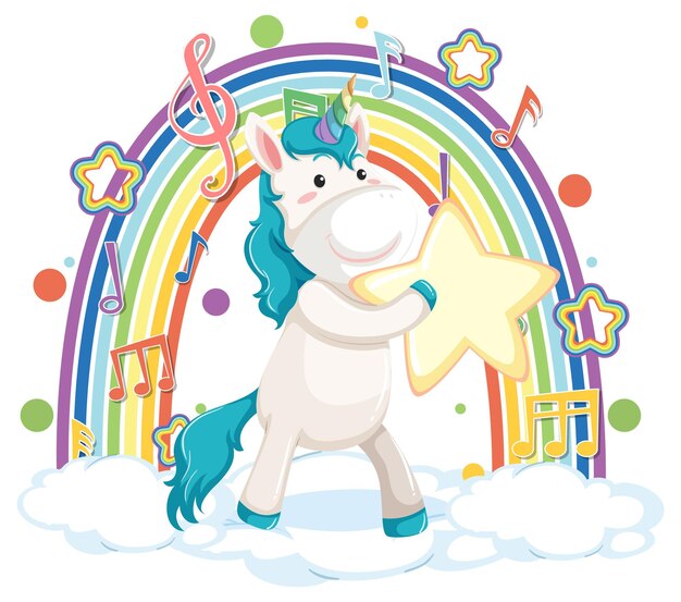 Unicornio de pie en la nube con arco iris y símbolo de melodía