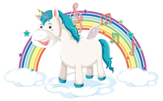 Unicornio de pie en la nube con arco iris y símbolo de melodía