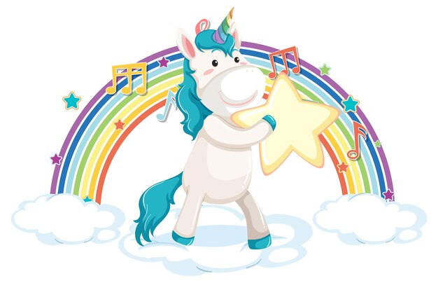 Unicornio de pie en la nube con arco iris y símbolo de melodía