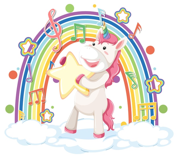 Vector gratuito unicornio de pie en la nube con arco iris y símbolo de melodía