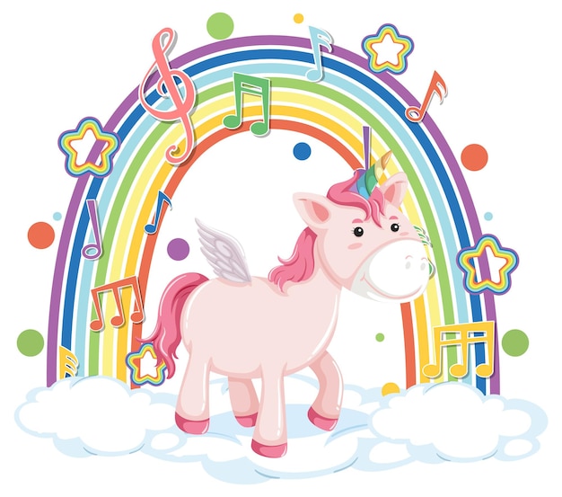 Unicornio de pie en la nube con arco iris y símbolo de melodía