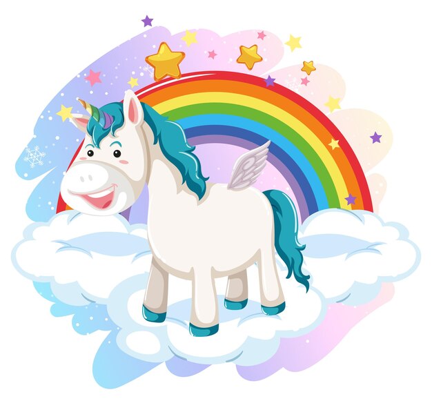 Unicornio de pie en la nube con arco iris