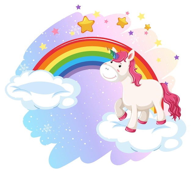 Unicornio de pie en la nube con arco iris