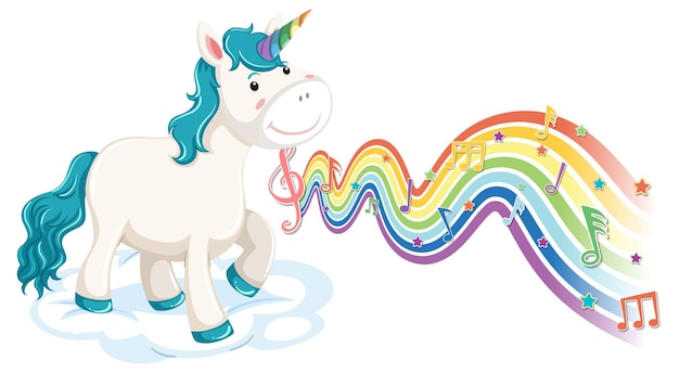 Unicornio de pie en la nube con símbolos de melodía en la onda del arco iris